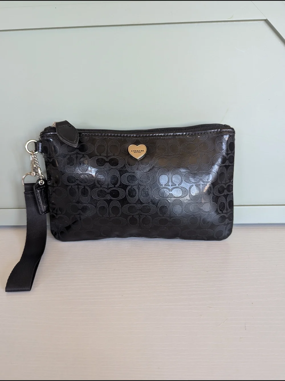 COACH Black Signature Leather Wristlet Pouch